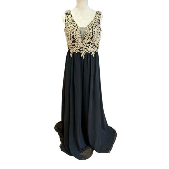 NOX Anabel Beaded V-Neck Lace Bodies Long Gown in Black/Gold Size XL 8343SC - Picture 2 of 9